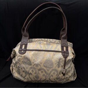 Stella & Dot Damask Pattern Shoulder Bag with Brown Leather Handles